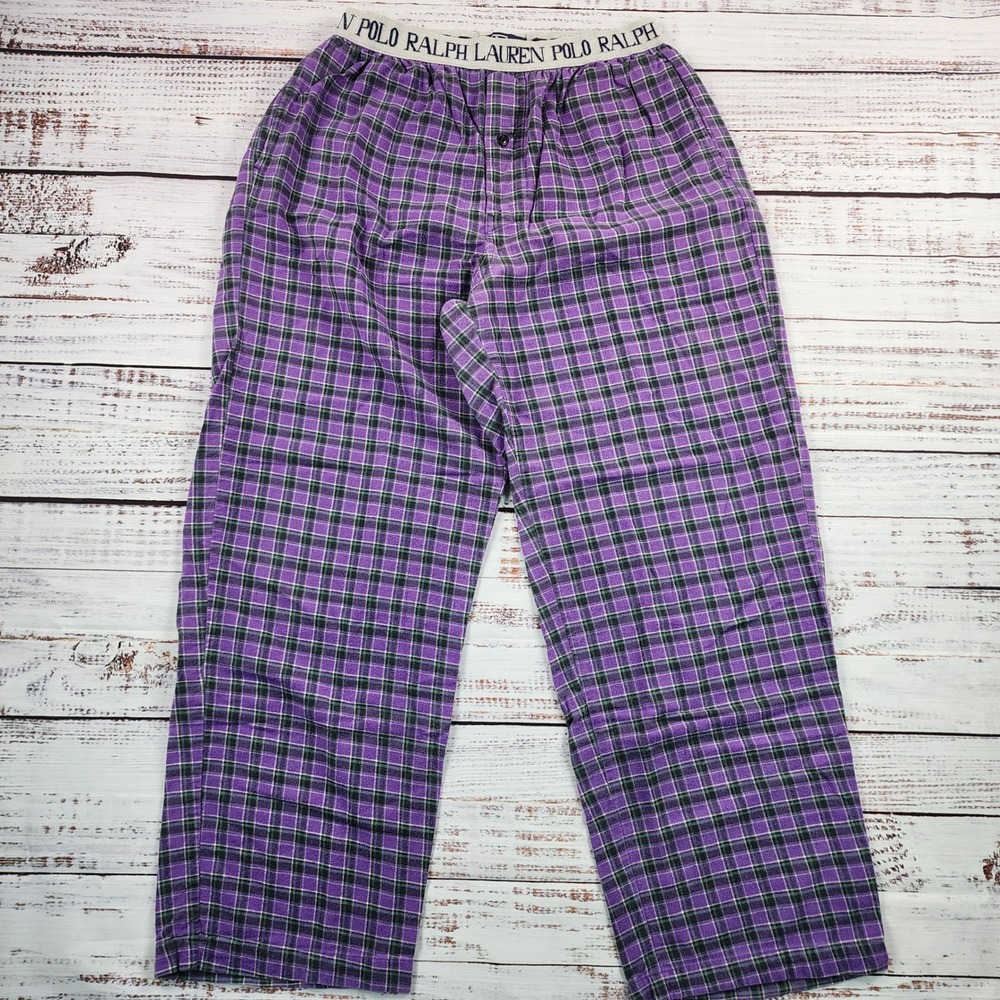 Polo Ralph Lauren Mens L Purple Plaid Pajama Pants 100% Cotton Logo Waistband